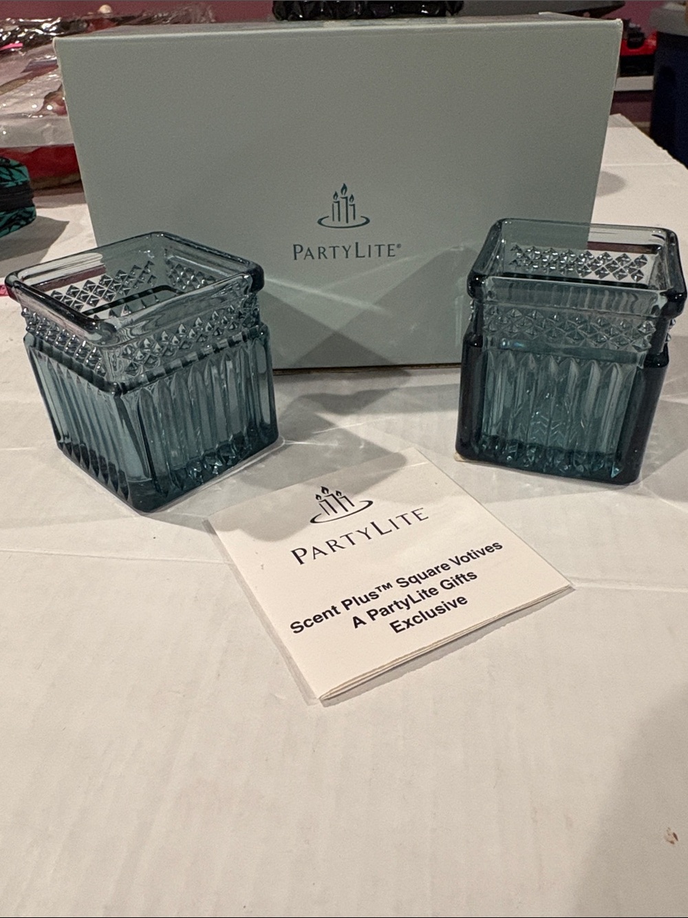 PartyLite Blue Textured Glass Square Votive Holder Pair